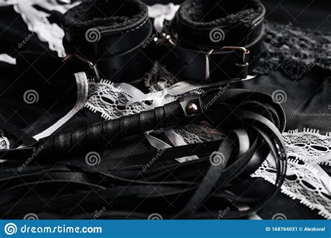 Leather Black Whip And Handcuffs For Domination And Hard Sex Stock Image Image Of Lingerie