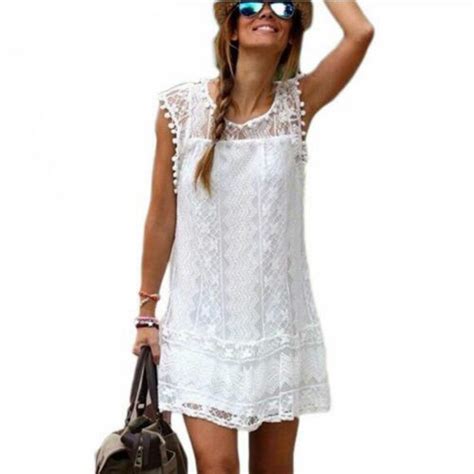 2018 Sexy Women Summer Dress Tunic Casual Sleeveless Beach Short Mini Dress Tassel Solid White