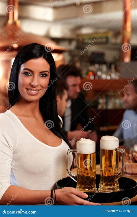 Beautiful Waitress Serving Beer Royalty Free Stock Images Image 26387149