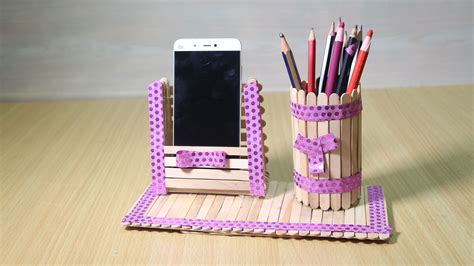 Homemade Pen Stand And Mobile Phone Holder With Ice Cream Sticks