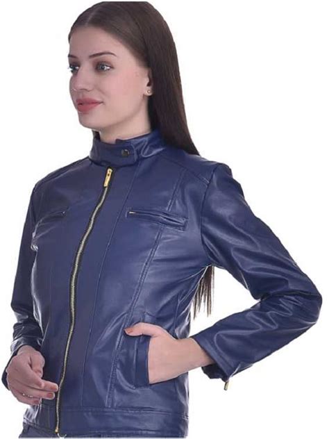 Christy World Solid Womens Stylish Blue Leather Jacket Bay Perfect