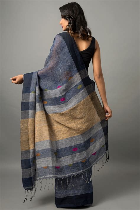 Khadi Cotton Sari Contemporary Style Dark Tones And Color Blocked Border