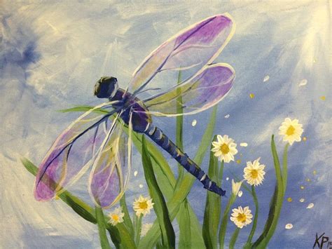 A Painting Of A Purple Dragonfly Sitting On Top Of Some Grass And Daisies