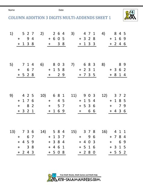 Addition Of Whole Numbers Worksheets For Grade 4