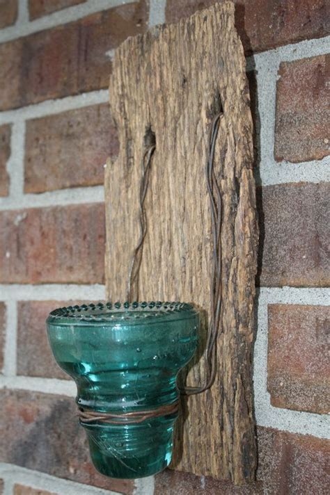 Barn Wood Recycled Candle Sconces With Blue Vintage Glass Insulator