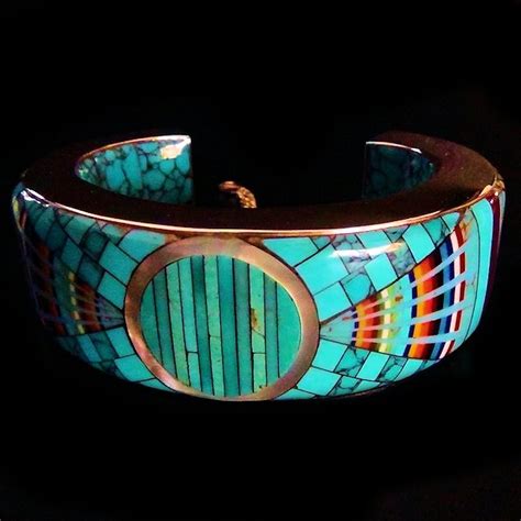 Turkoois mozaïek Zuni Native American armband in 925 zilver