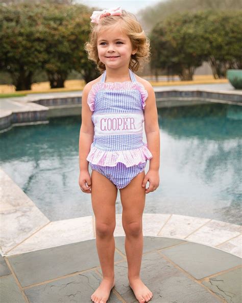 Blue Seersucker Personalized Swim Suit Kids Outfits Girls Cute Girl