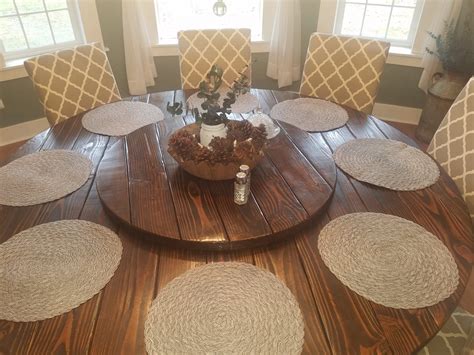 You can find table legs in a variety of places like etsy and specialty wood shops. Farmhouse Table with Lazy Susan - Katie J Ski Chalet