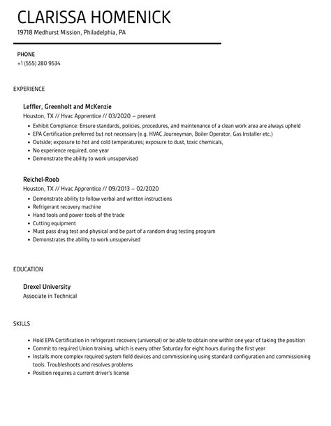 Hvac Apprentice Resume Samples | Velvet Jobs