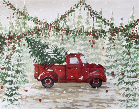 Red Truck With Christmas Tree At A Tree Farm