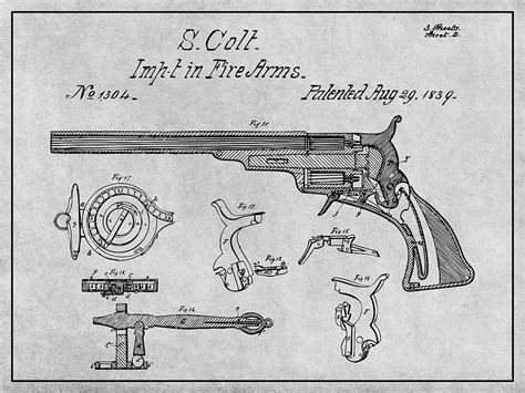 1839 samuel colt paterson revolver patent print gray drawing by greg edwards