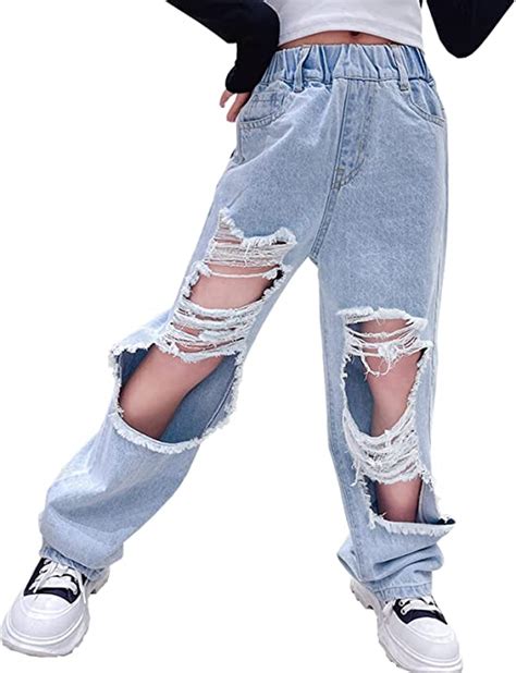 Naber Kids Girls Elastic Waist Cool Ripped Jeans Washed