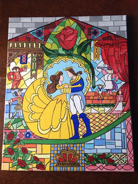 Beauty and the beast canvas painting disney belle stained glass