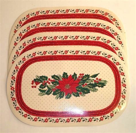 Poinsettia Placemats Lot Of 4 Christmas Vinyl Oval Vtg Bandd Table