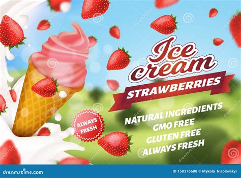 Advertising Banner Offering Strawberry Ice Cream Stock Vector