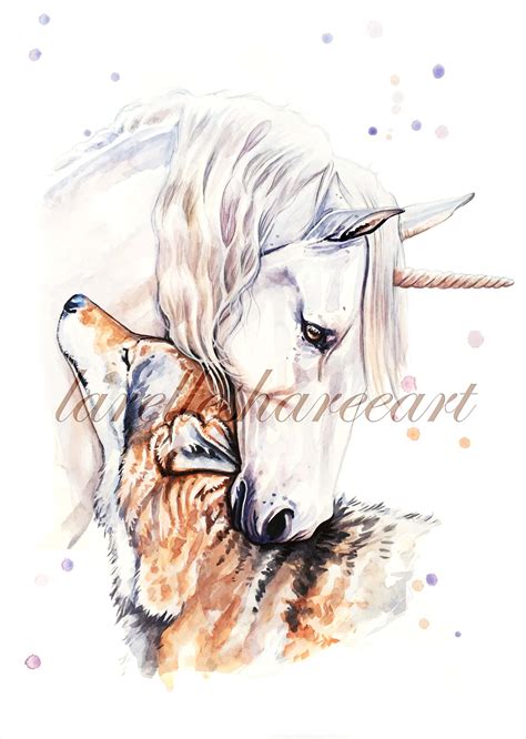 Unicorn And Brown Wolf Watercolour Painting Print Magical Etsy Australia