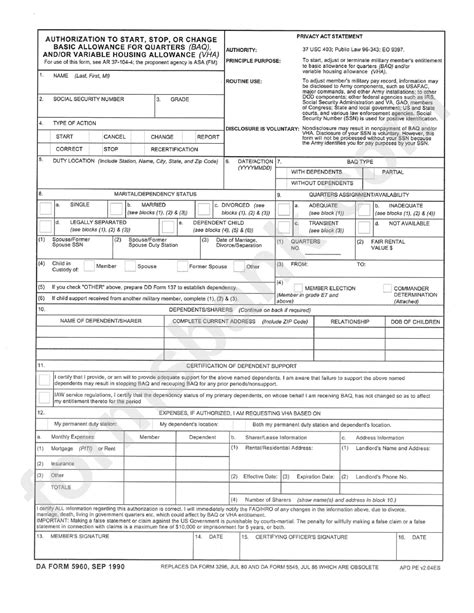 Da Form 5960 1990 Authorization To Start Stop Or