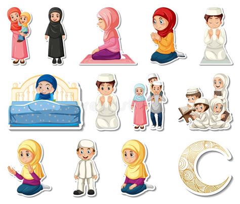 Sticker Set Of Islamic Religious Symbols And Cartoon Characters Stock