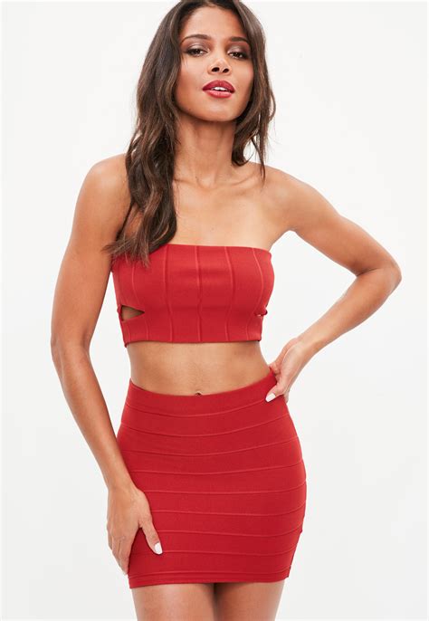 lyst missguided red ribbed cut out bandeau crop top in red