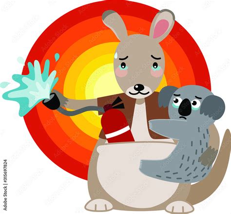 Kangaroo And Koala Are Sad And Hold Fire Extinguisher Flat Cartoon