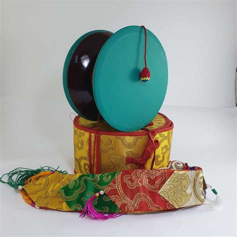 Tibetan Chod Damaru Round Medium Wooden And Leather With Brocade
