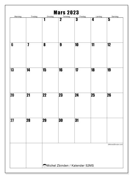 Kalender For Mars 2023 For Utskrift “norge” Michel Zbinden No