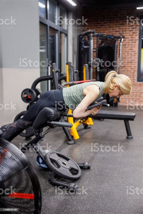 Woman Bending Over Bench In The Gym And Lifting Weight Plate Stock