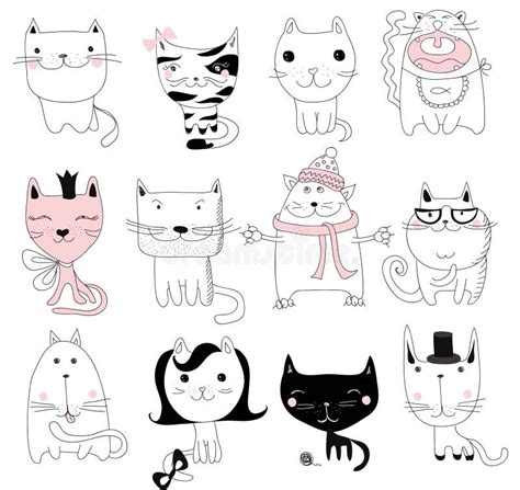 Set Of 12 Vector Doodle Cute Cats Avatarsvector Stock Vector