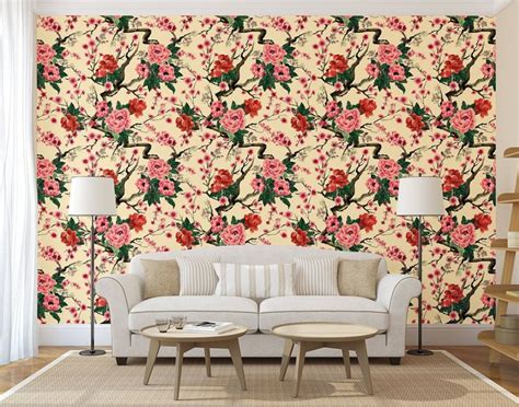 Yellow Chinese Wallpaper With Blooming Branches Self Etsy In 2022