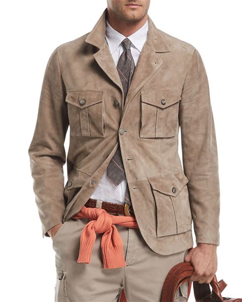 Brunello Cucinelli Suede Safari Jacket With Roll Tab Sleeves Neiman