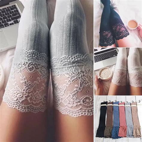 sexy women stockings lace over knee thigh high cotton vertical stripes stockings floral skinny