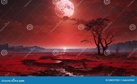 Desolate Landscape With Red Moon In The Sky Stock Illustration