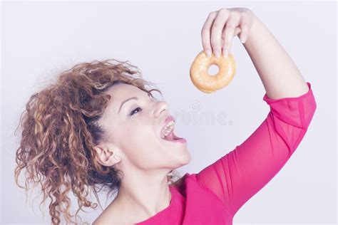 Funny Woman Eating Donut Stock Image Image Of Sweet