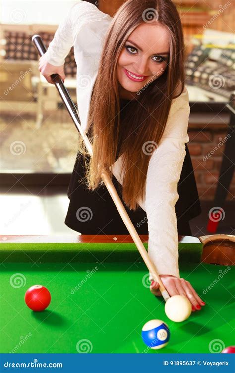 Young Woman Having Fun With Billiard Stock Image Image Of Enjoy Female 91895637