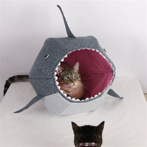 A Cat Looks At A Shark Shaped Bed With Its Mouth Open And Its Head