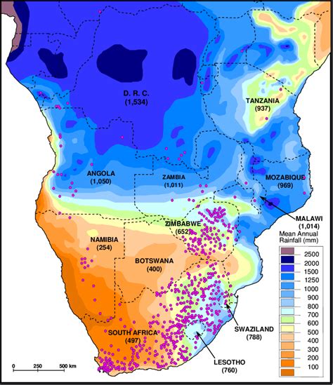 Map Of Southern Africa Showing The Distribution Of Rainfall And The