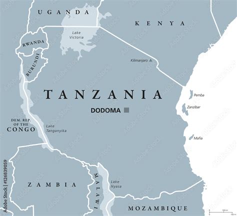 Tanzania Political Map With Capital Dodoma National Borders Islands