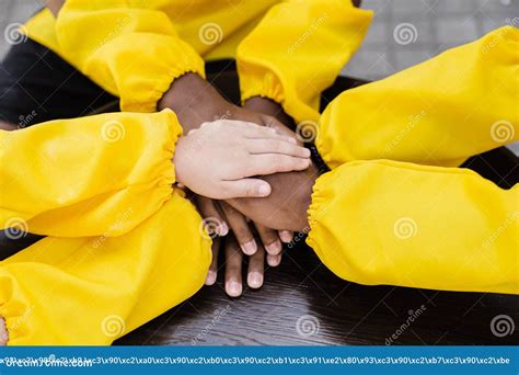 Multiracial Children Hands Together Forming Pile Close Up Friendship