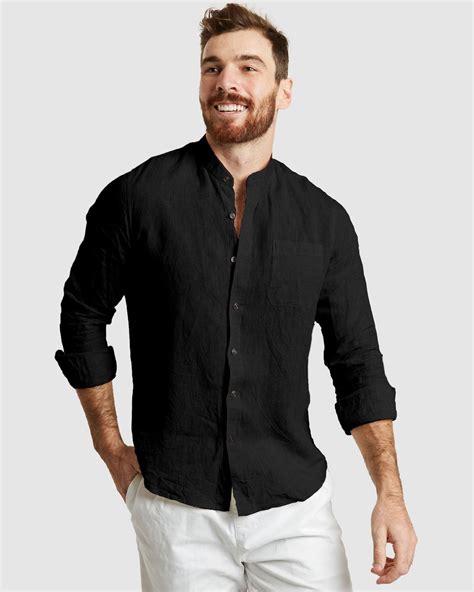 Palma Casual Black Mandarin Collar Linen Shirt