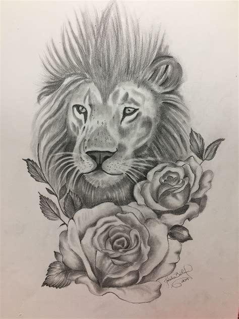 Desenho A Lápis Leão Com Rosas Leao Desenho Desenho De Tatuagem De