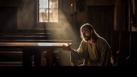In A Dimly Lit Chapel Jesus Sits On A Wooden Pew His Face Illuminated By The Flickering