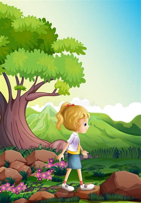 Uma Menina Que Anda Acima Das Rochas Na Floresta Ilustração do Vetor