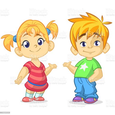 Cartoon Kids Set Funny Boy And Girl Couple Illustration Stock