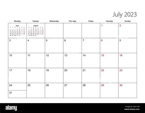 July 2023 Simple Calendar Planner Week Starts From Monday Vector