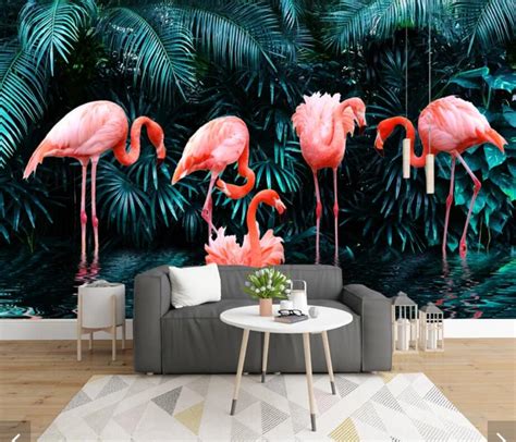 3d Flamingo Tropical Leaves Wallpaper Wall Mural Decals For Living Room Bedroom Hand Painting