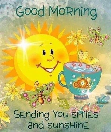 The Sun Is Smiling Next To A Cup With Flowers And Butterflies On It That Says Good Morning