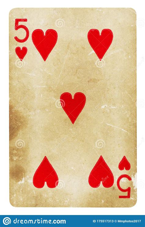 Five Of Hearts Vintage Playing Card Isolated On White Stock Image
