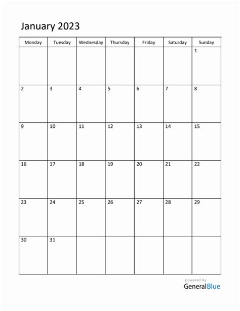 Editable January 2023 Monthly Calendar