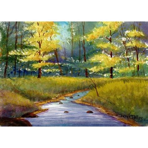 Painting Watercolor Landscape Print Tree River Fall Creek Stream