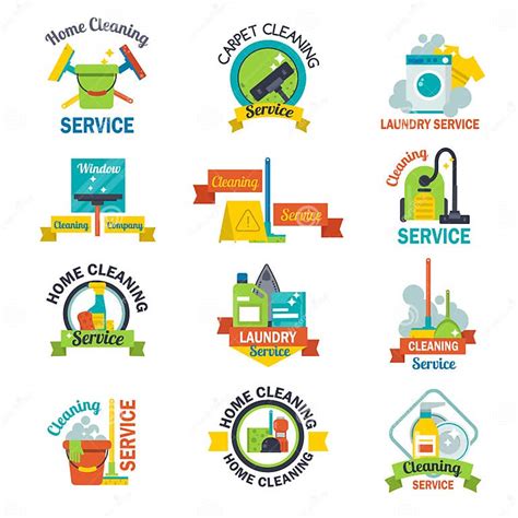 Set Of Cleaning Service Emblems Labels Design Home Household Symbol